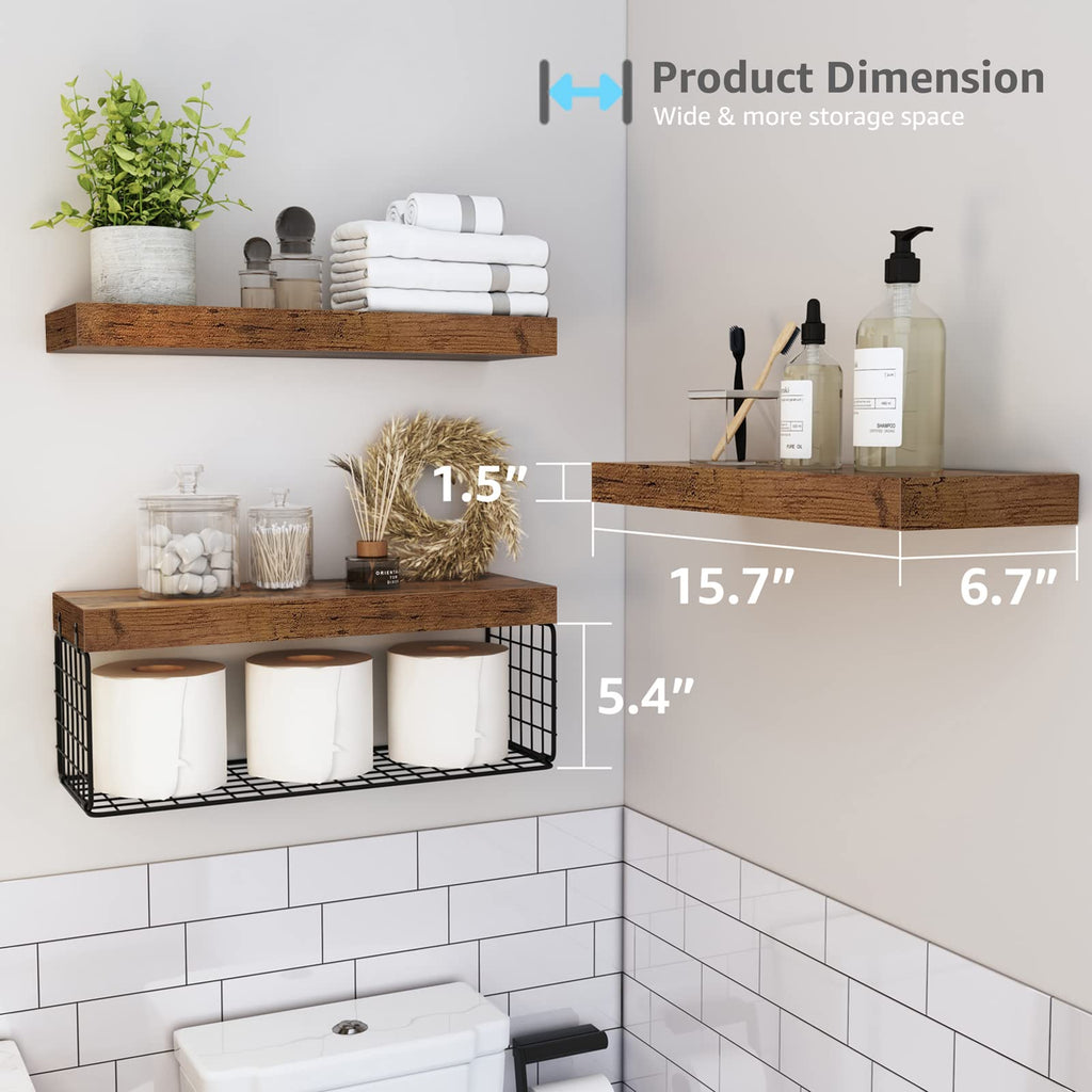 QEEIG Bathroom Shelves Over Toilet - Wall Mounted Floating Shelves Toilet Paper Storage Small Farmhouse Decor Shelf 16 inch Set of 3, Rustic Brown (019-BN3)