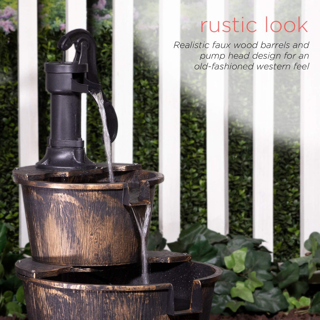 Alpine Corporation TIZ194BZ | Rustic Outdoor 2-Tier Barrel Pump Water Fountain — Relaxing Water Flow, 27"H Bronze Finish Décor