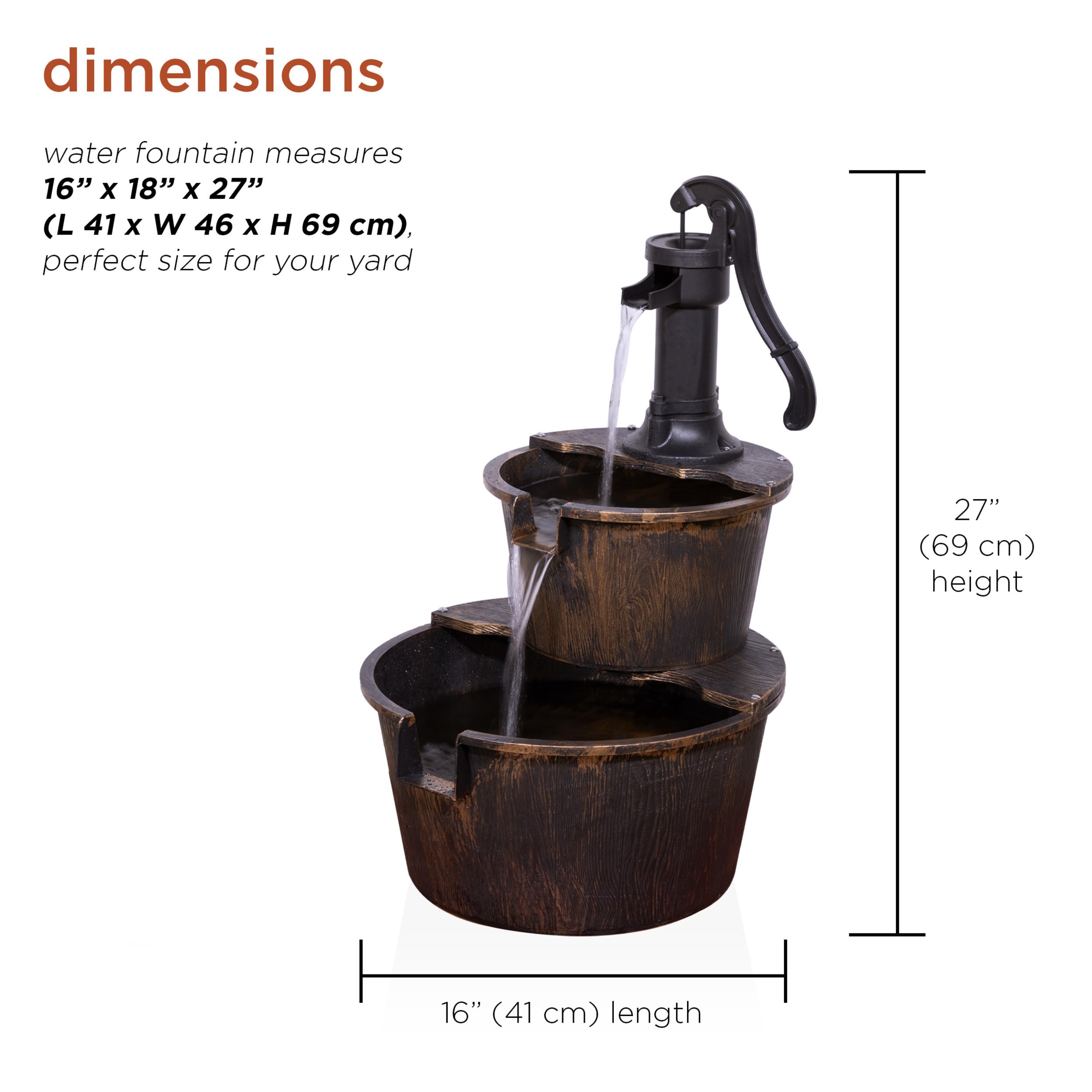 Alpine Corporation TIZ194BZ | Rustic Outdoor 2-Tier Barrel Pump Water Fountain — Relaxing Water Flow, 27"H Bronze Finish Décor