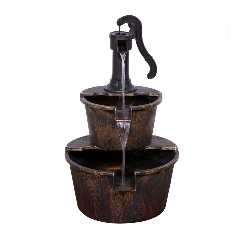 Alpine Corporation TIZ194BZ | Rustic Outdoor 2-Tier Barrel Pump Water Fountain — Relaxing Water Flow, 27"H Bronze Finish Décor