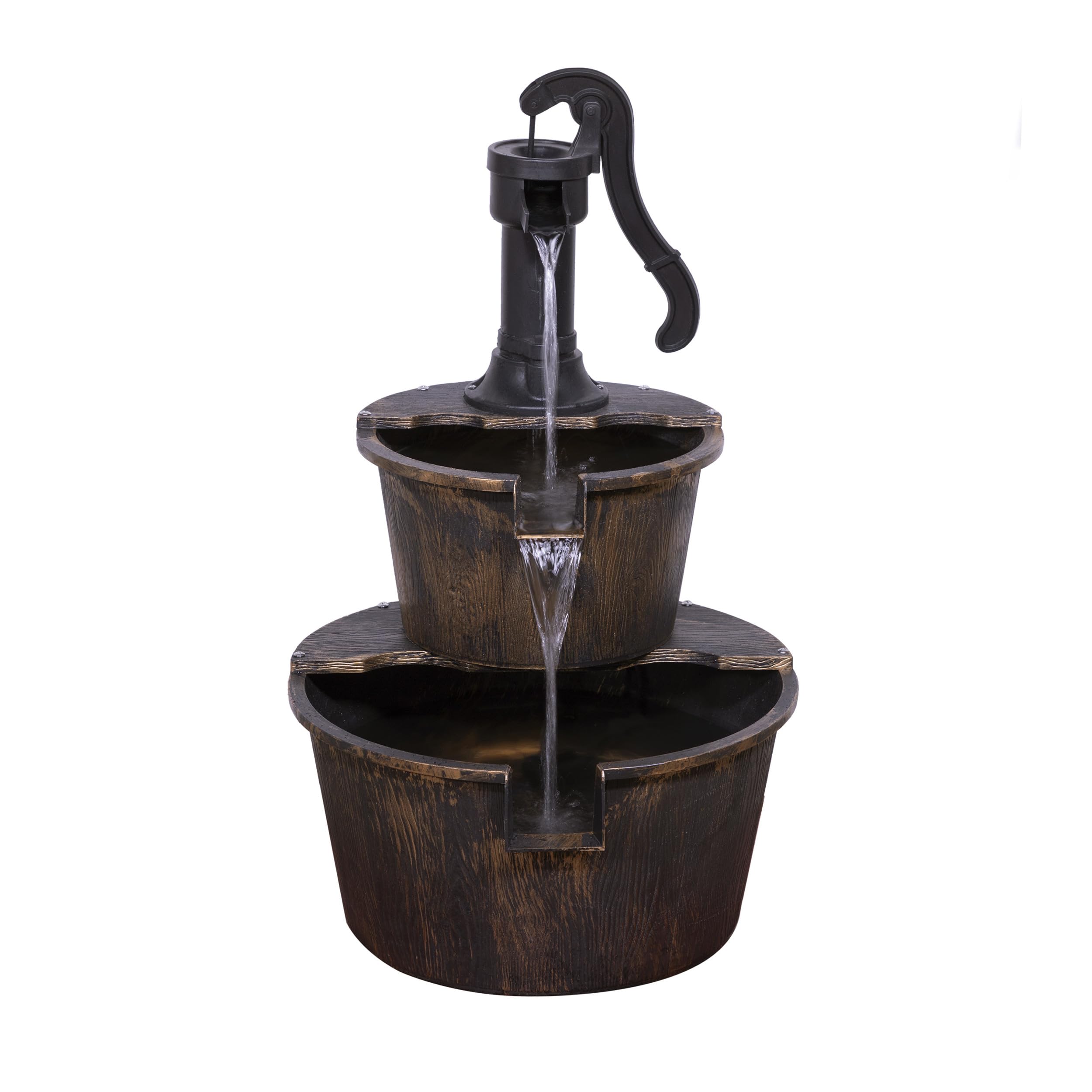 Alpine Corporation TIZ194BZ | Rustic Outdoor 2-Tier Barrel Pump Water Fountain — Relaxing Water Flow, 27"H Bronze Finish Décor