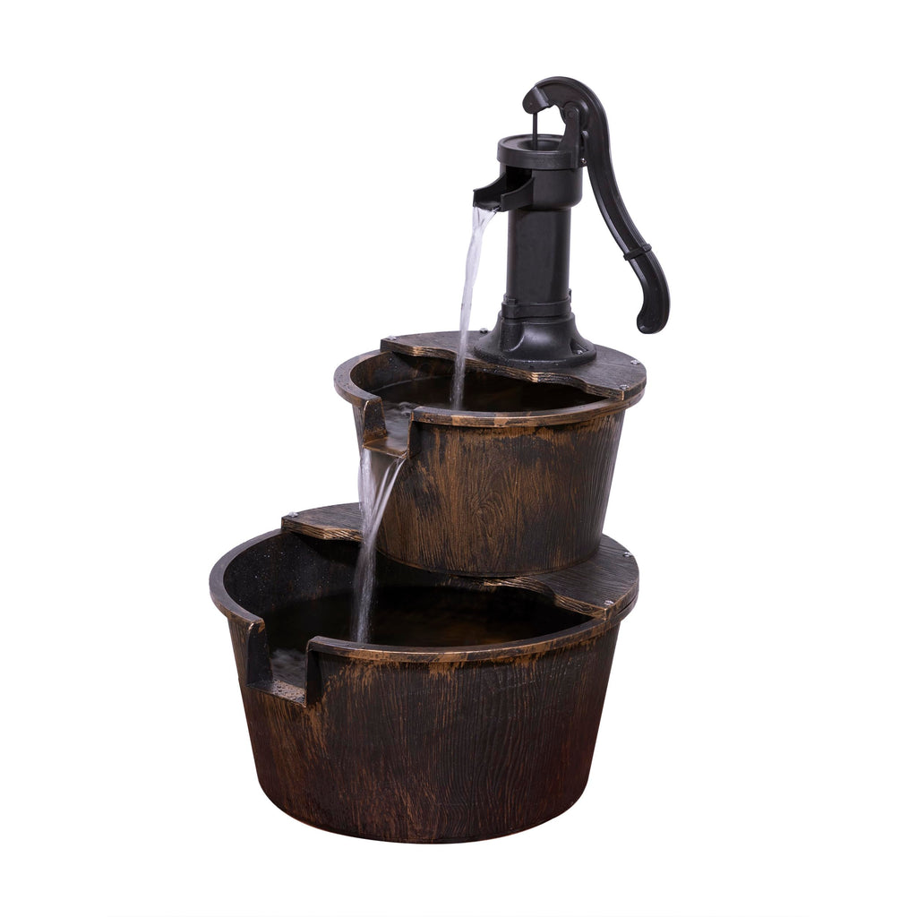 Alpine Corporation TIZ194BZ | Rustic Outdoor 2-Tier Barrel Pump Water Fountain — Relaxing Water Flow, 27"H Bronze Finish Décor
