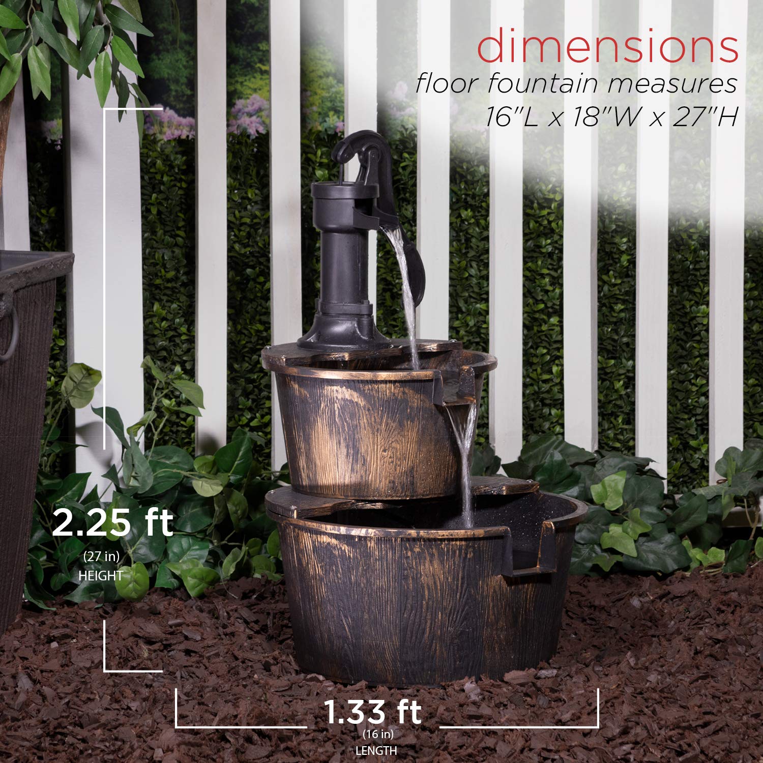 Alpine Corporation TIZ194BZ | Rustic Outdoor 2-Tier Barrel Pump Water Fountain — Relaxing Water Flow, 27"H Bronze Finish Décor