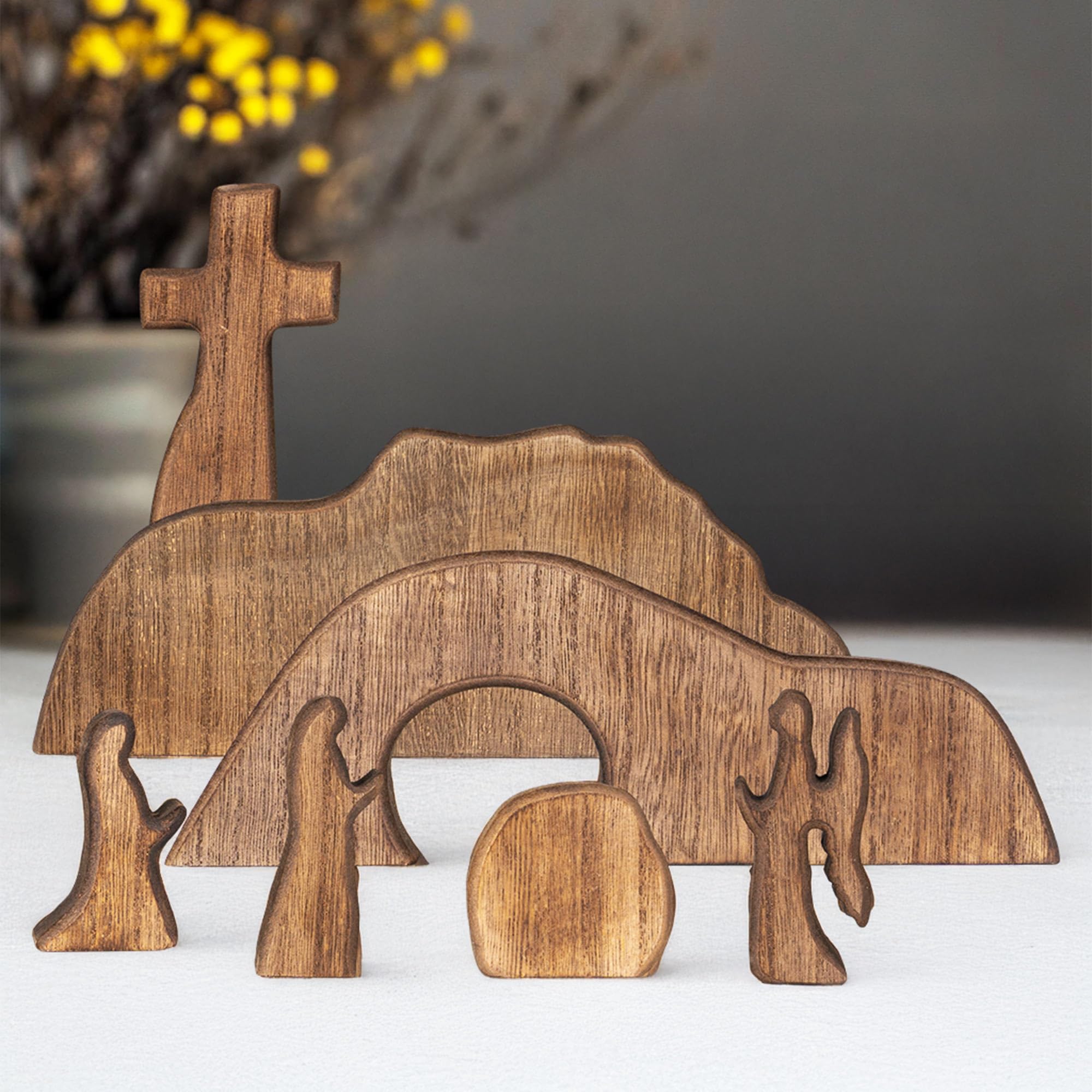 NEROSUN Empty Tomb Easter Scene and Cross Decoration, Wooden Easter Resurrection Scene Cross Jesus Tomb Tray Set, Jesus Nativity Scene Decor for Religious Home Office Tabletop Christian Gifts